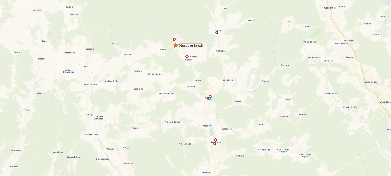 Hartă contemporană a zonei Runcu, cu Hanul cu Brazi și localitățile din jur