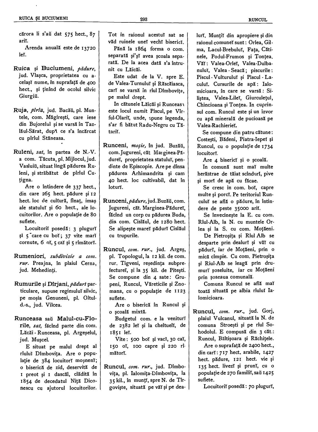 Pagina despre Runcul din Marele Dicționar Geografic al României, volumul V, 1902